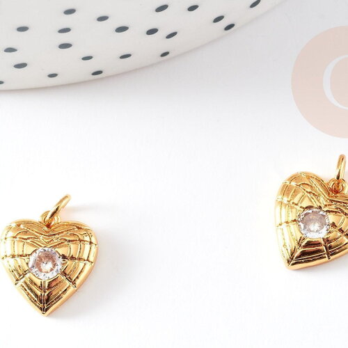 Pendentif médaille coeur laiton doré 18k et cristal zircon,pendentif laiton amour pour création bijoux,13mm, x1 g6078