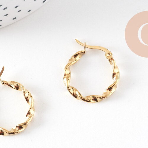 Créoles torsadées acier doré, oreille percée,sans nickel, boucles acier, 21mm, la paire (g0599)