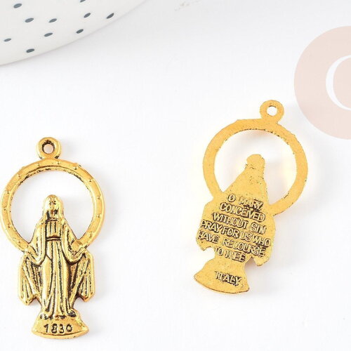Pendentif médaille ovale vierge marie zamac doré 36mm, x1 (g1245)