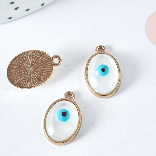 Breloque ovale œil protecteur zamac doré émail blanc 19mm, création bijoux chance, x1 g7409