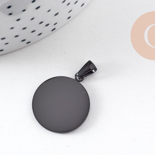 Pendentif médaille ronde acier 304 inoxydable ip noir opaque 23.5mm, x1 (g10881)