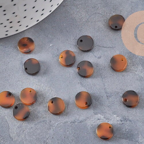Pendentif rond marron acétate,perle acétate,connecteur plastique,10mm, x2 ou x10 (g2185)