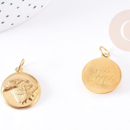Pendentif médaille ronde aigle acier inoxydable doré,pendentif doré sans nickel,médaille or,2.2cm,x1 (g4056)