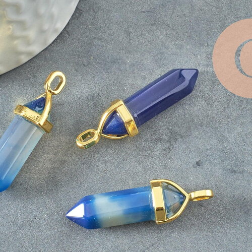 Pendentif pointe agate naturelle teintée bleue zamac doré 40mm, création bijoux pierre naturelle, x1 g3399