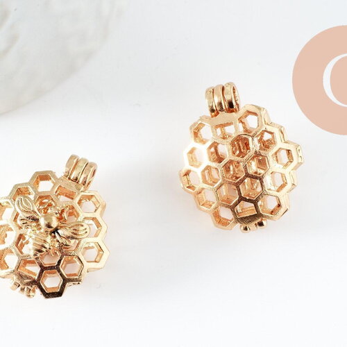 Pendentif locket cage abeille zamac doré, création sautoir, pendentif à ouvrir,26mm, x1 (g5248)