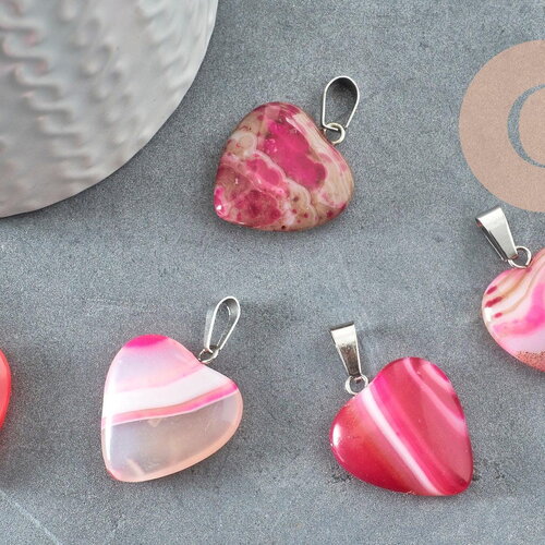 Pendentif coeur agate naturelle rose acier argenté 23mm, x1 (g4050)