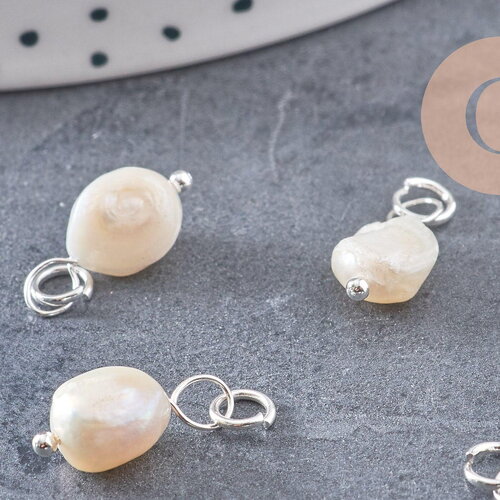 Breloque perle d'eau douce naturelle blanche acier 304 inoxydable platine 15mm, x1 (g10875)