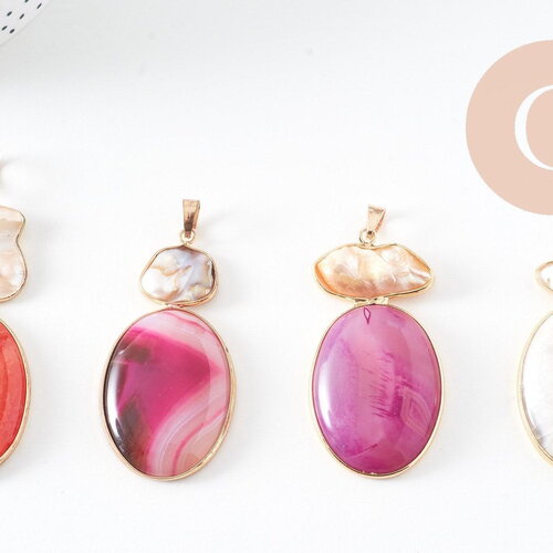 Pendentif ovale agate naturelle colorée et perle nacre 62-63mm, x1 (g2038)