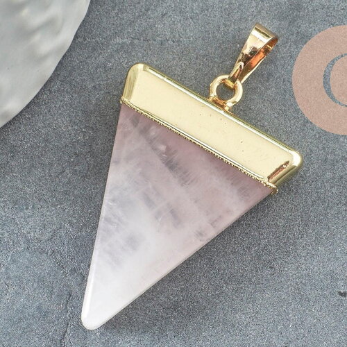 Pendentif triangle quartz rose,quartz naturel,pendentif pierre, support doré, création bijoux, pierre naturelle, 33mm, x1 (g2059)