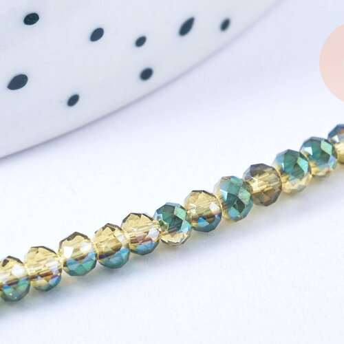 Perles toupies cristal bicolore jaune vert irisé 3.5x2.5mm,perle verre facette, fil 25.4cm x1 (g6761)