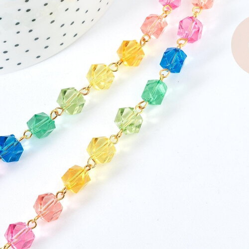 Chaine perles acrylique fer doré géométrique facettée couleur mixte 15mm, perle acrylique ,perle géométrique 15mm x1 mètre (g7215)