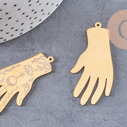 Pendentif acier doré main mystique 49mm,acier inoxydable doré sans libération de nickel,création bijoux chance, x1 g6243