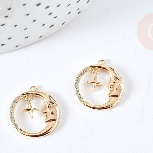 Pendentif rond croissant lune laiton doré zircons blancs 18.5mm, x1 (g8434)