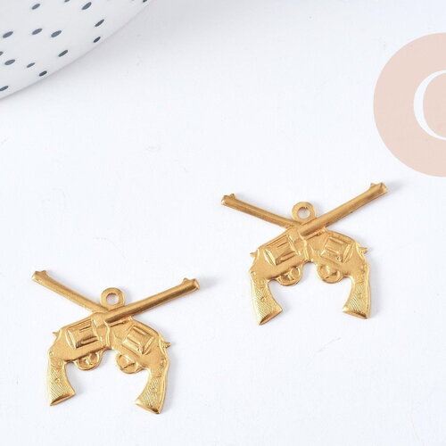 Breloque pistolets laiton brut 21mm, création bijoux cowboy farwest x2 (g8199)