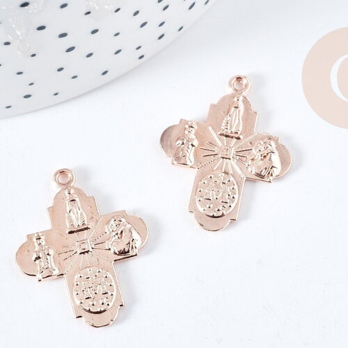 Pendentif croix gravé zamac doré or rose 24mm, création bijoux baroque pendentif religion, x1 (g8561)