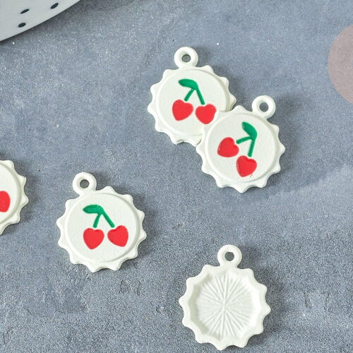 Pendentif soleil cerise rond zamac émail blanc 18mm, création bijoux fruit, x1 (g8041)