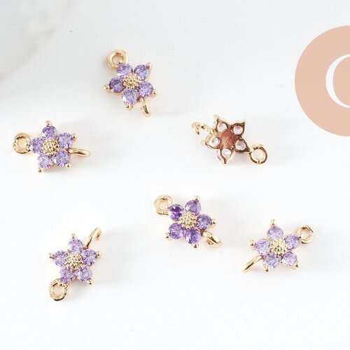 Pendentif connecteur fleur doré 24 carats zircon violet,pendentif doré cristal, 12.5mm, x1 (g4035)