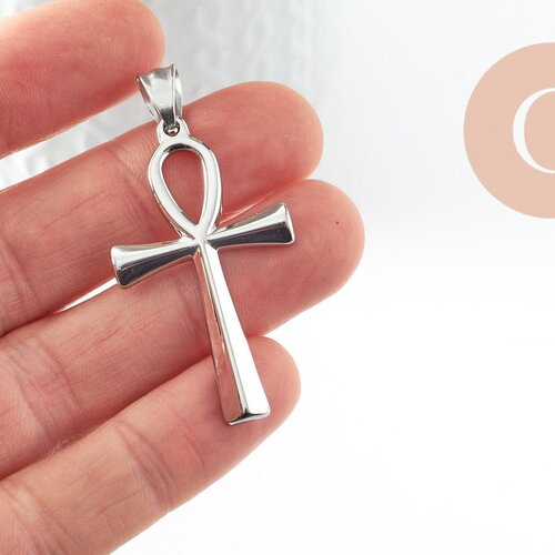 Pendentif croix copte acier 304 inoxydable argent 44.5mm, x1 (g9833)
