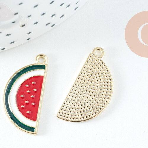 Pendentif pastèque zamac doré émaillé 26mm, x5 (g2467)