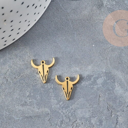 Pendentif acier doré inoxydable tête de vache 15mm, bijou acier hypoallergénique x1 (g4549)