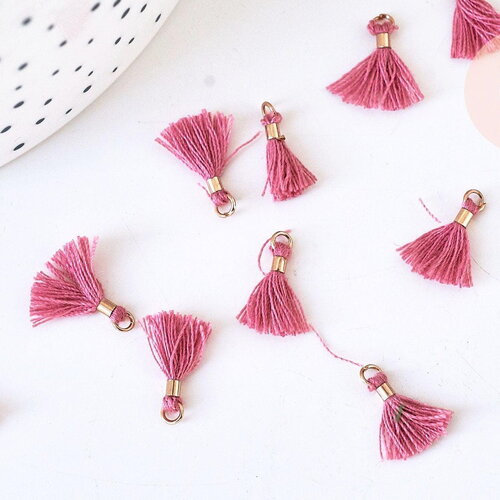 Pompon vieux rose polyestère support doré,décoration pompon, pompon boucles,fabrication bijoux bohème,10-15mm, x10 (g5567)