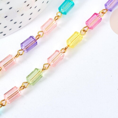 Chaine perles acrylique tube multicolore métal doré 8,5-9,5mm, création bijoux colorés, x 1mètre (g7183)