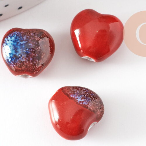 Perle coeur porcelaine rouge-bleu 14-15mm, perle céramique, fabrication bijoux amour et amitié x5 (g9349)