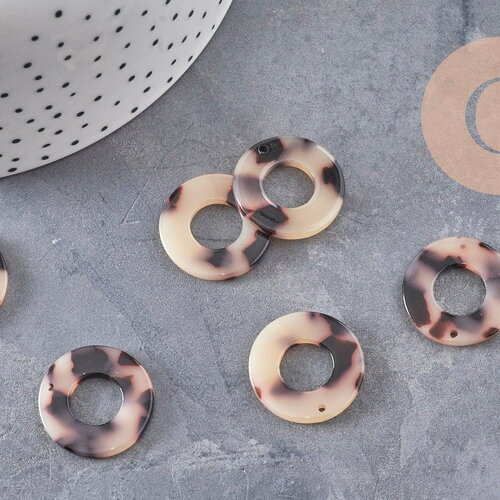 Pendentif cercle beige acétate,perle acétate,connecteur plastique,21.5mm, x2 (g2704)