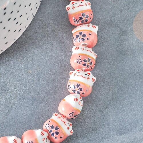 Perle chat chanceux porcelaine rose 14mm, perle céramique, fabrication bijoux animal, perle chance chat, x5 (g7998)