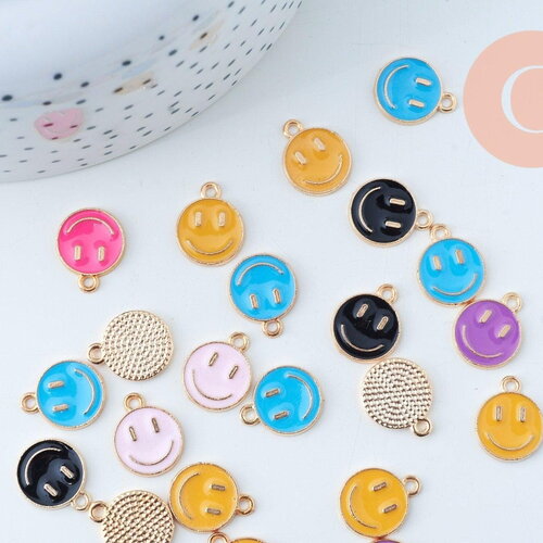 Pendentif smiley zamac doré émail multicolore 12mm, x5 (g6105)