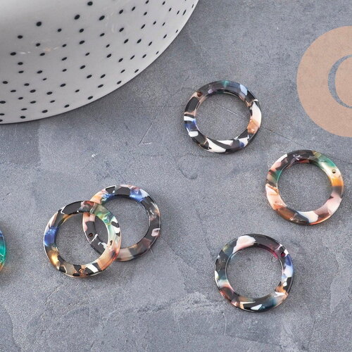 Pendentif cercle coloré acetate, perle plastique,connecteur plastique,21.5mm, x2 ou x10 (g2084)