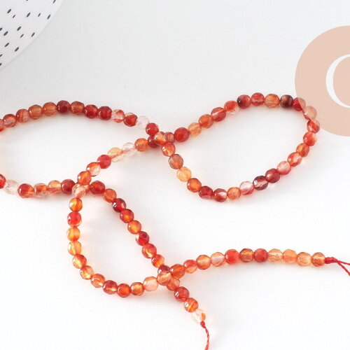 Perle ronde facettée cornaline orange naturelle 4-4.5mm facetté, x1 fil de 35cm (g4372)