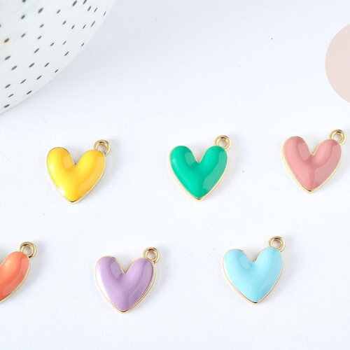 Pendentif zamac doré cœur émail couleur pastel 16mm, x5 (g7308)