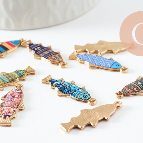 Pendentif poisson zamac doré multicolore 27mm, x5 (g9936)