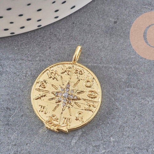 Pendentif médaille ronde boussolle étoile laiton doré 18k zircons, un pendentif doré avec cristal pour création bijoux,29.8mm, x1 (g7043)