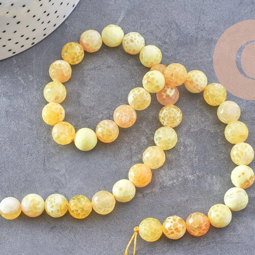 Perle agate feu rayée naturelle jaune facettée 10mm, x1 fil de 39cm (g2649)