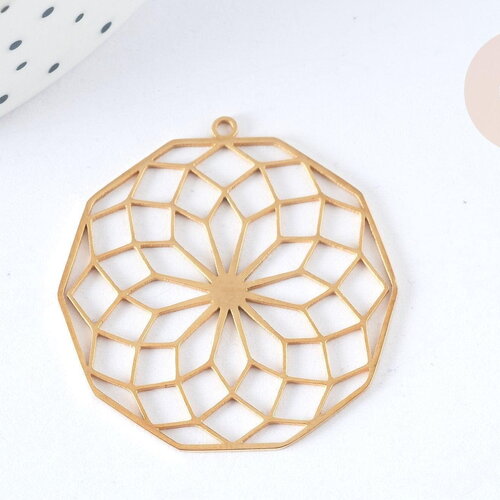 Pendentif estampe filigrane polygone fleur acier inoxydable 201 doré 35.5mm, x1 (g7253)