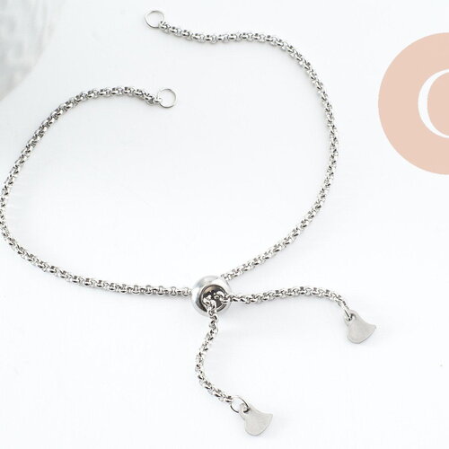 Base de bracelet chaine rolo réglable acier 304 inoxydable platine 25cm, x1 (g9496)