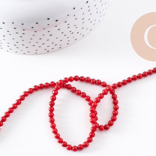 Perle ronde corail naturel teinté rouge 4mm, perles coquillage, x1 fil de 39cm(g0694)