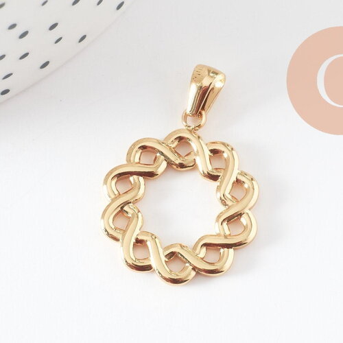 Pendentif rond tressé acier 304 inoxydable doré pvd 25mm, x1 (g10192)