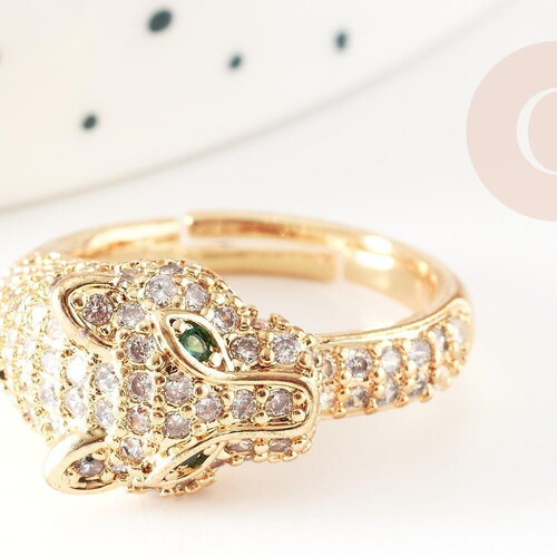 Bague réglable laiton doré léopard zircons blancs 17mm, x1 (g4361)