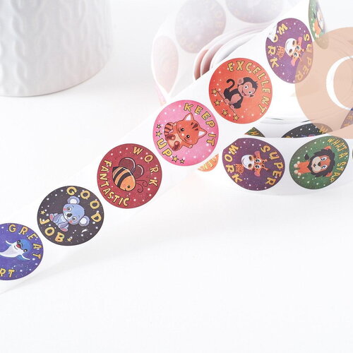 Autocollant encouragements animaux professeur anglais 30mm, x500 (g10065)