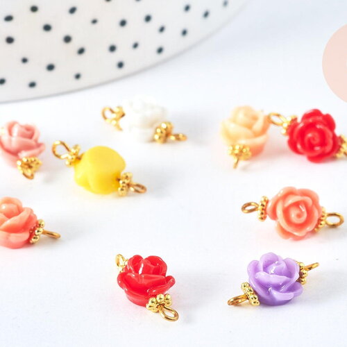 Connecteur fleur résine multicolore laiton doré 9mm, création de bijoux fantaisie, fleur résine époxy, x10 (g6941)