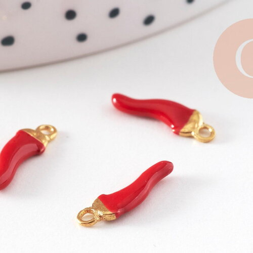 Pendentifs doré piment émail rouge 15mm,breloque laiton doré, pendentif coloré,création bijoux, x10 g2962