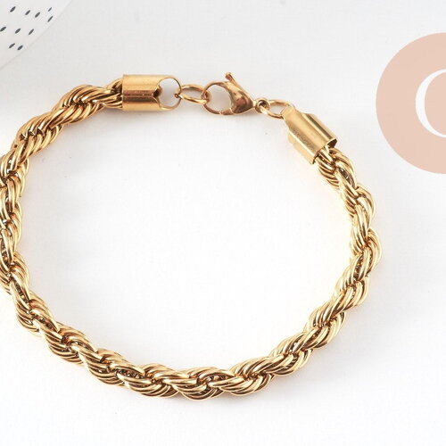 Bracelet torsadé acier doré 14k,bracelet acier chirurgical, sans nickel, 22cm, x1 (g1398)