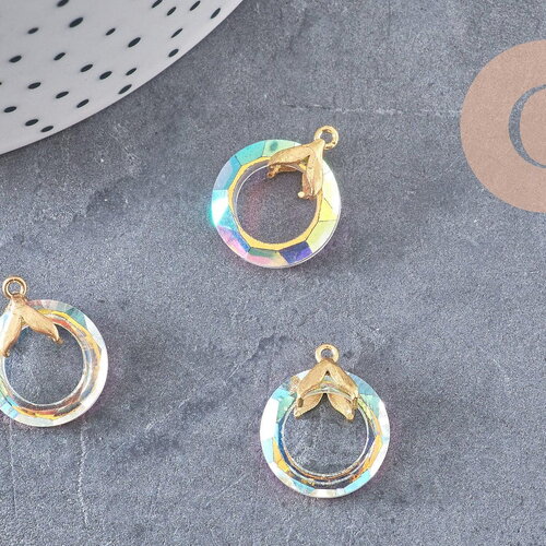 Pendentif rond cristal irisé laiton doré 17mm, x1 (g3516)