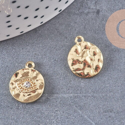 Breloque oeil protecteur zamac doré 18k cristal zircon,sans nickel,création bijoux chance, pendentif chance,17 mm, x1 g5460