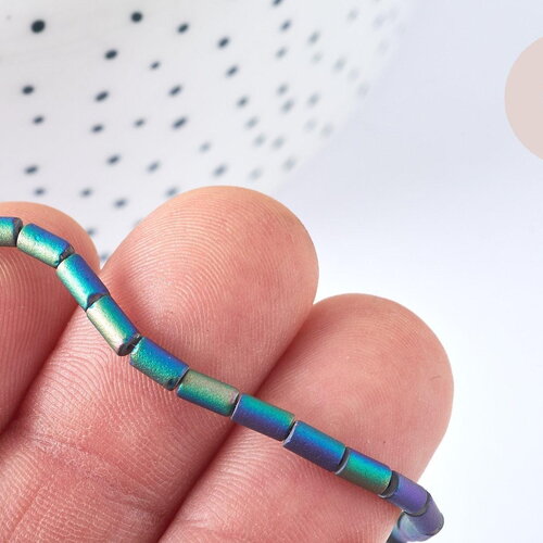 Perle tube verre mat métallisé vert &amp; violet, 5x3mm, fil de 49.9cm perles, x1 (g5033)