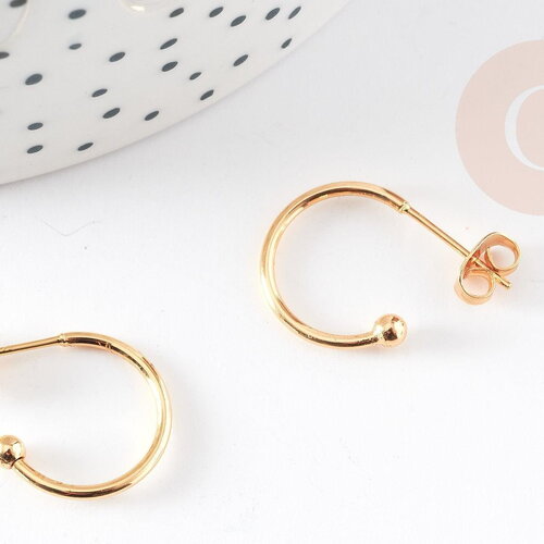 Boucles d'oreilles anneau demi-créole puce doré 18k tige argent 925 20mm, x2 (g3583)