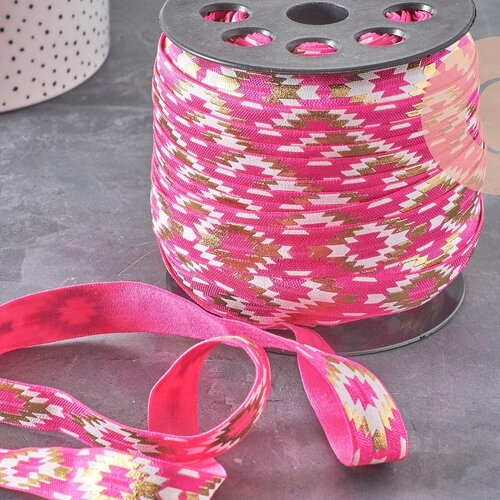 Ruban élastique motif aztèque rose or 16mm, 1/5/10 mètres (g1809)
